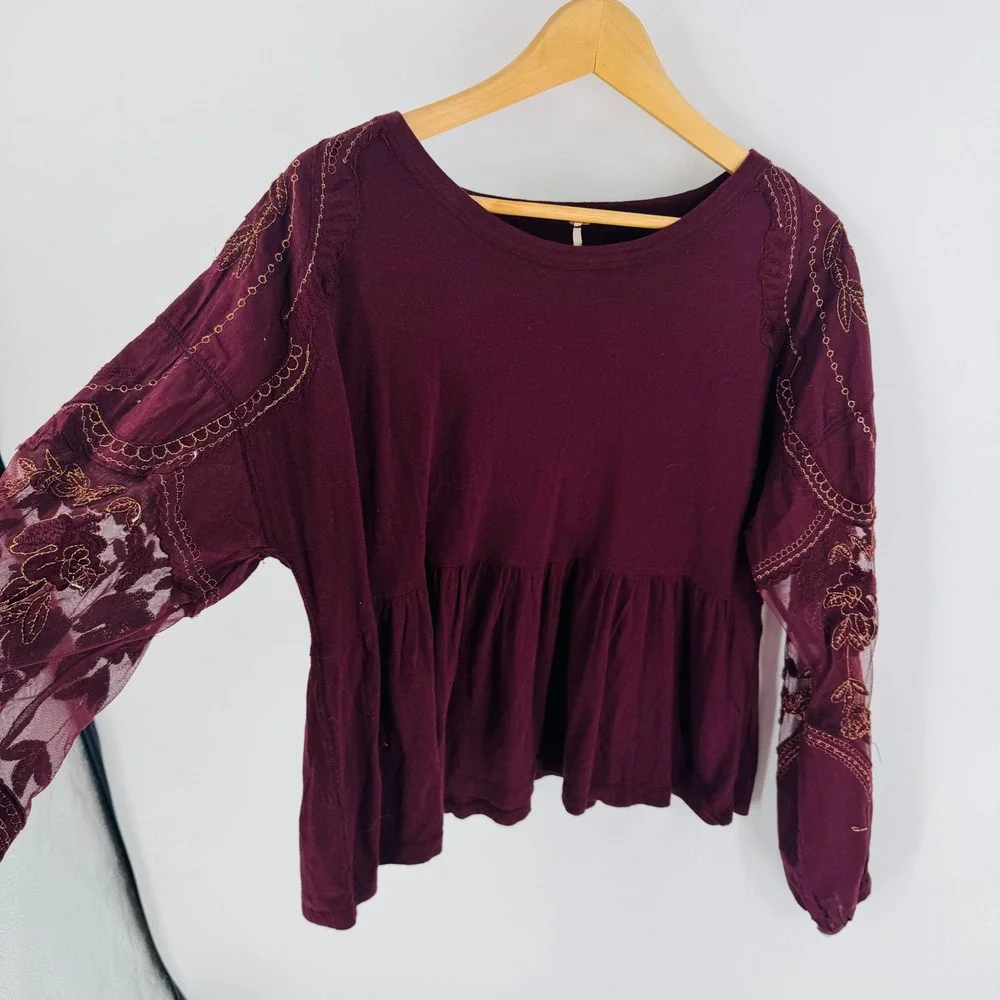 Free People Small Burgundy Plum Embroidered Lace Long Sleeve Top Boho Whimsigoth